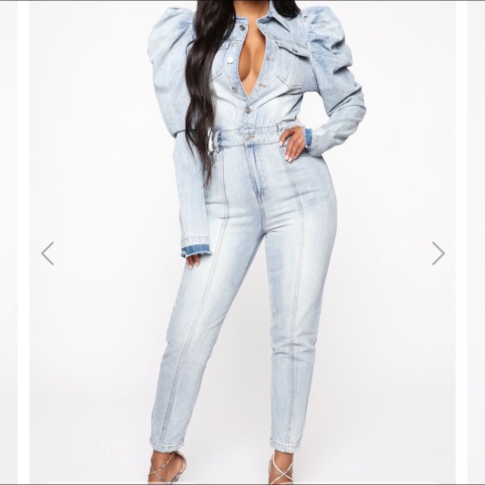 Fashion Nova Shake Ya Shoulders Denim Jumpsuit